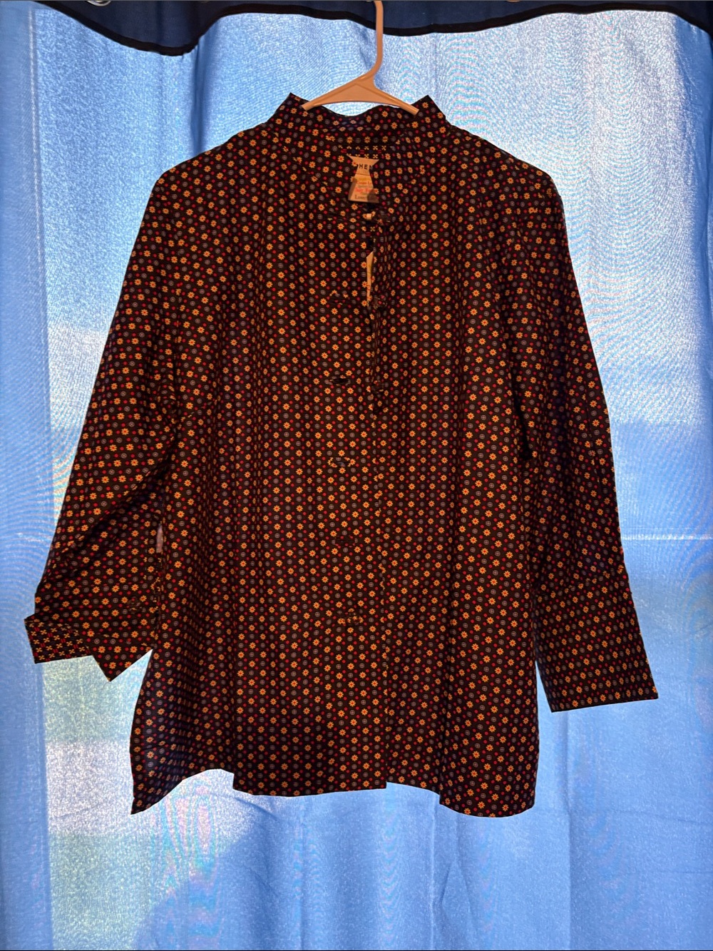 Gretchen Scott Designs Black Blouse with Red and Yellow Micro-Dots